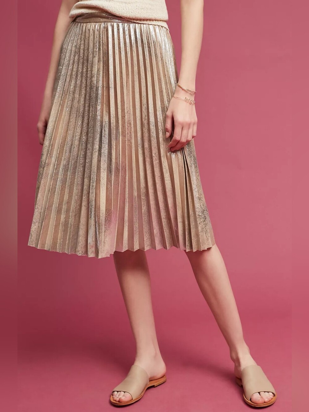 Anthropologie Maeve Metallic Pleated Midi Skirt - Champagne Gold Size Large EUC - Picture 2 of 10